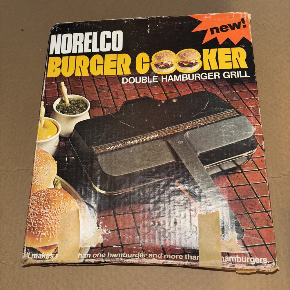 Vintage Norelco Burger Cooker Double Hamburger Grill Model HB 2222-OPEN BOX